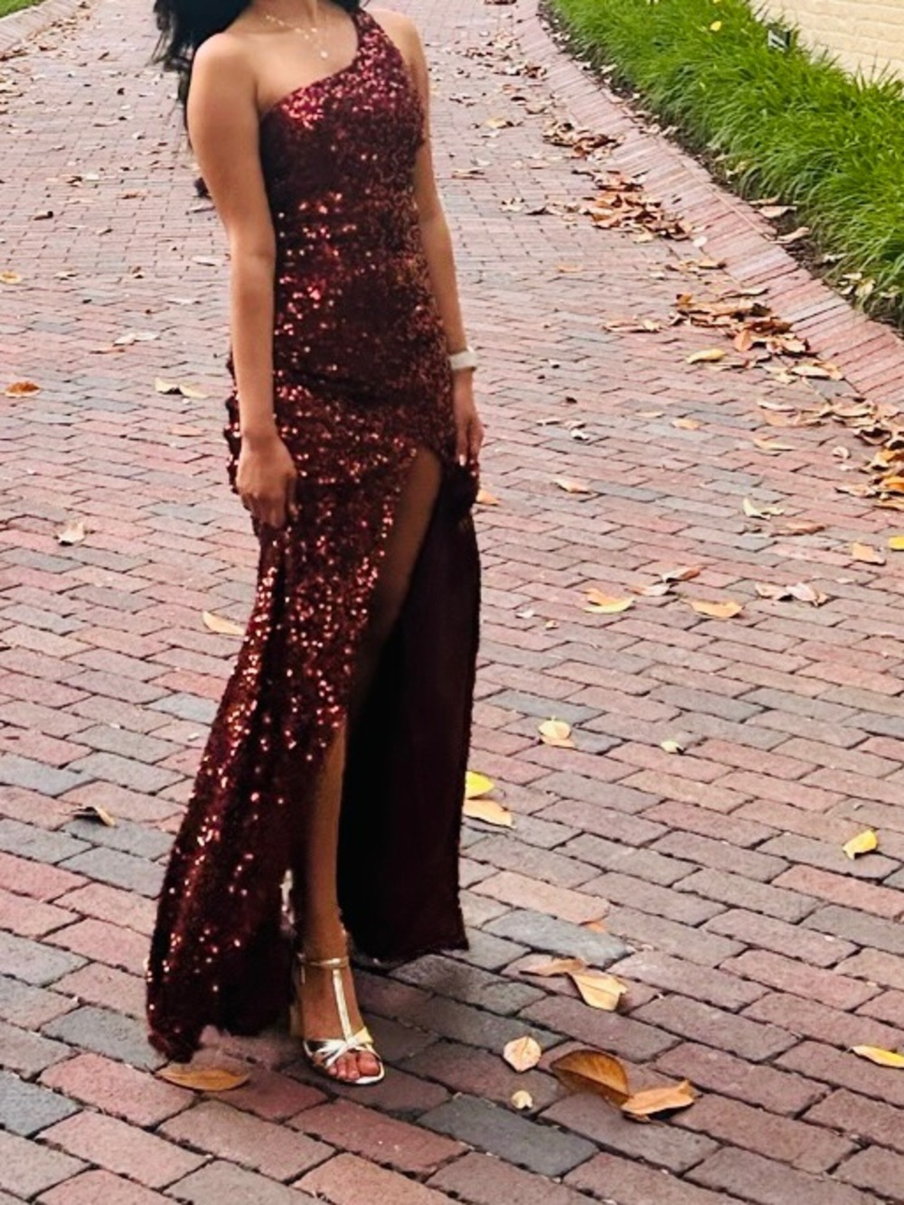 One-Shoulder Bronze Sequin Formal Gown with High Slit-worn once!